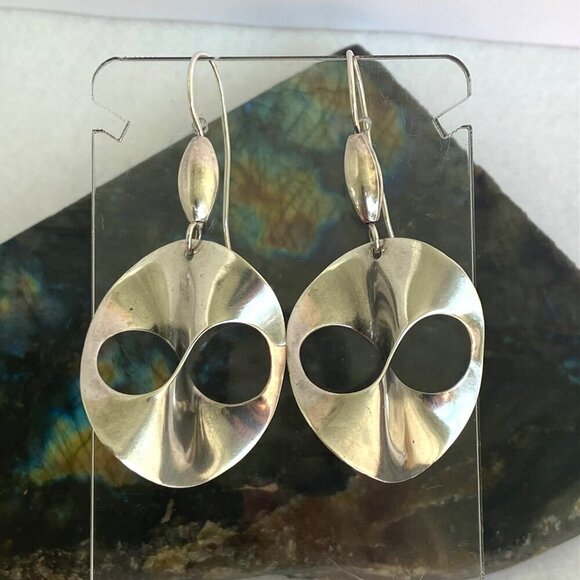 Sterling Silver 925 Artisan Modernist Style Infinity Disc Dangle Drop Earrings - Picture 1 of 16
